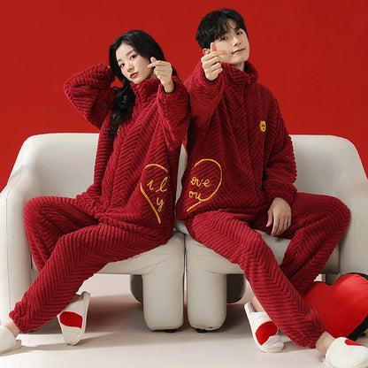 Peignoir Pyjama Couple Tressé Rouge